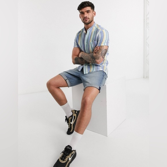 ASOS DESIGN regular fit grandad collar oxford stripe shirt in pastel colours - S - Picture 4 of 12